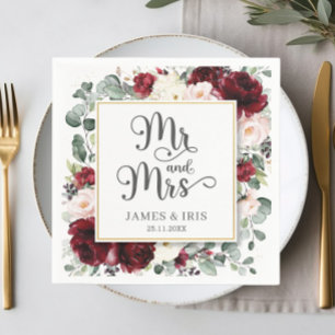 Chic Burgundy Blush Pink Floral Wedding Mr and Mrs Napkin