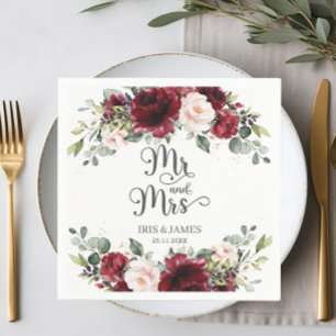 Chic Burgundy Blush Pink Floral Wedding Mr & Mrs Napkin