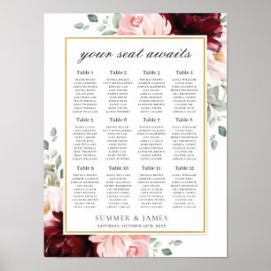 Chic Burgundy Blush Pink Floral Wedding Seating Poster
