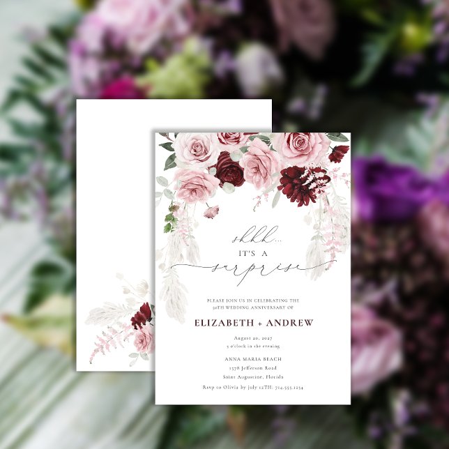 Chic Burgundy Blush Pink Roses Floral Anniversary Invitation (Creator Uploaded)