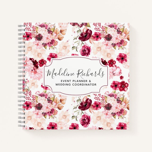 Chic Burgundy & Blush Pink Watercolor Floral Notebook (Front)