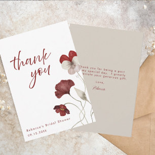 Chic Burgundy Botanical Floral Bridal Shower Thank You Card