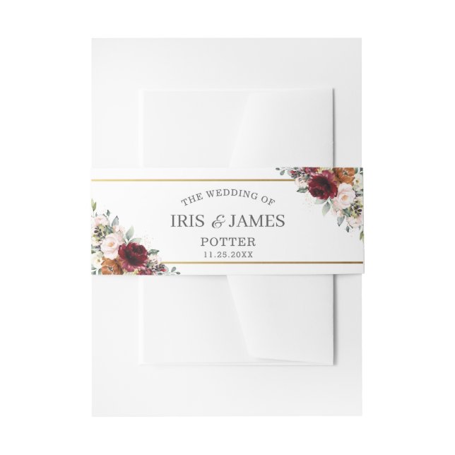 Chic Burgundy Burnt Orange Floral Greenery Wedding Invitation Belly Band (Front Example)