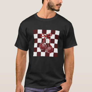 Chic Burgundy Chequered Pattern Coquette Bow Dark  T-Shirt