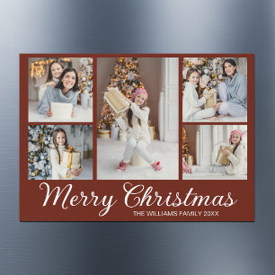 Chic Burgundy Christmas Photo Collage Magnet Card
