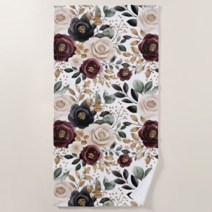 Chic Burgundy Cream Floral   Beach Towel
