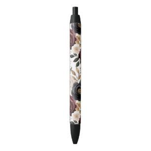 Chic Burgundy Cream Floral   Black Ink Pen