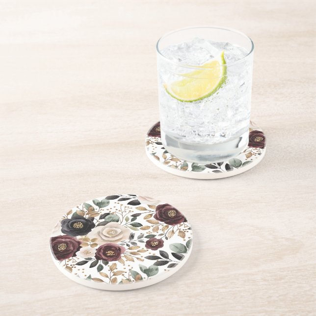 Chic Burgundy Cream Floral   Coaster (Side)