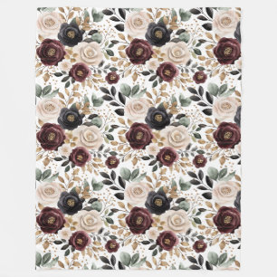 Chic Burgundy Cream Floral   Fleece Blanket