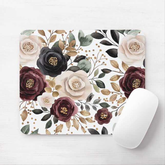 Chic Burgundy Cream Floral   Mouse Pad (With Mouse)