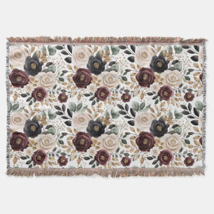 Chic Burgundy Cream Floral   Throw Blanket