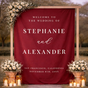 Chic Burgundy Custom Fabric Wedding Welcome Sign Tapestry