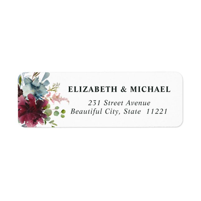 Chic Burgundy Dusty Blue Floral Watercolor Wedding (Front)