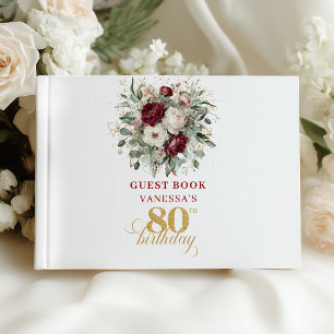 Chic Burgundy Floral 80th Birthday Guest Book