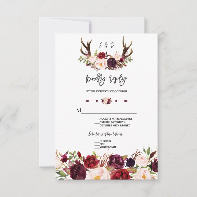 Chic Burgundy Floral Antlers Handwriting RSVP Card (Front)