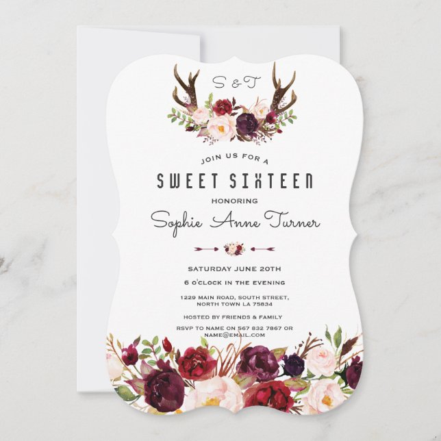 Chic Burgundy Floral Antlers Handwriting Sweet 16 Invitation (Front)