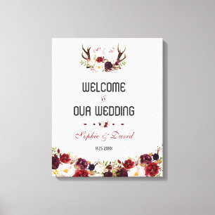 Chic Burgundy Floral Antlers Welcome Wedding Sign