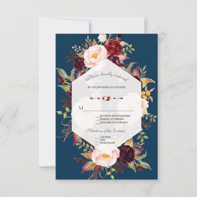 Chic Burgundy Floral Geometric Navy Wedding RSVP (Front)