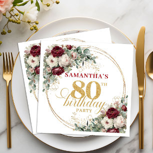 Chic Burgundy Floral Gold 80th Birthday Napkins