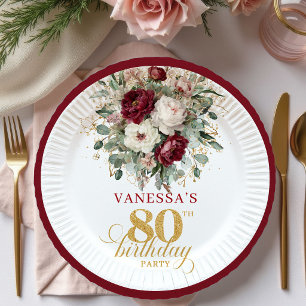 Chic Burgundy Floral Gold 80th Birthday Paper  Plate