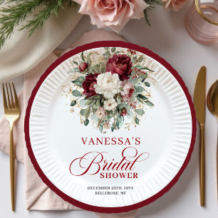 Chic Burgundy Floral Gold Bridal Shower Paper Plate