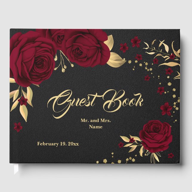 chic burgundy floral gold leaves black guest book (Front)