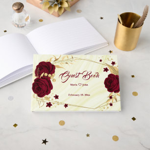 chic burgundy floral gold leaves geometric marble guest book