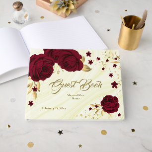 chic burgundy floral gold leaves marble guest book
