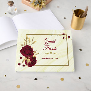 chic burgundy floral gold leaves marble  guest book