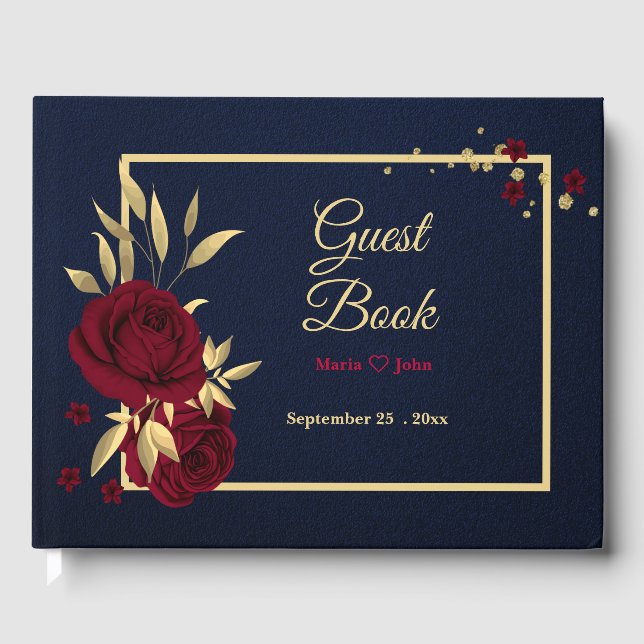 chic burgundy floral gold leaves navy blue guest book (Front)