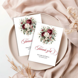 Chic Burgundy Floral Greenery Gold Thank You Card