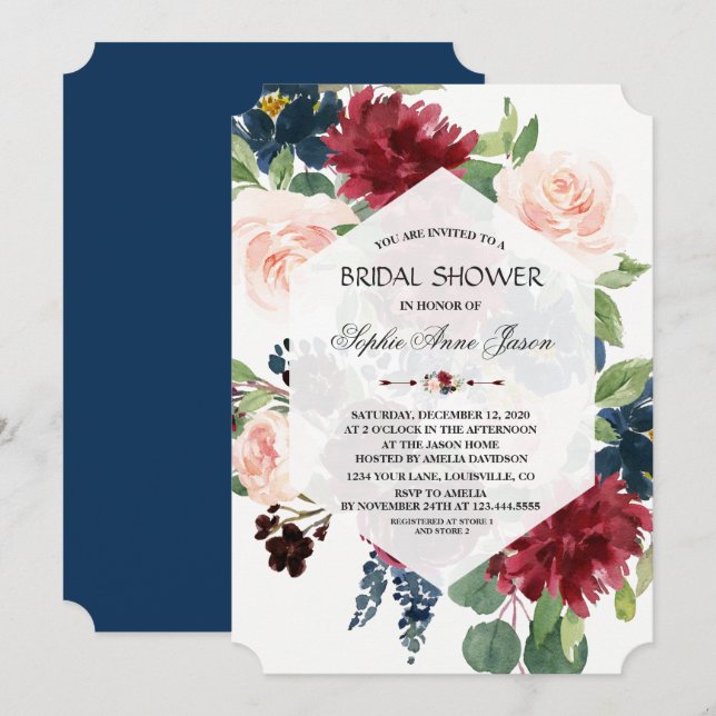 Chic Burgundy Floral Hexagon Frame Bridal Shower Invitation (Front/Back)