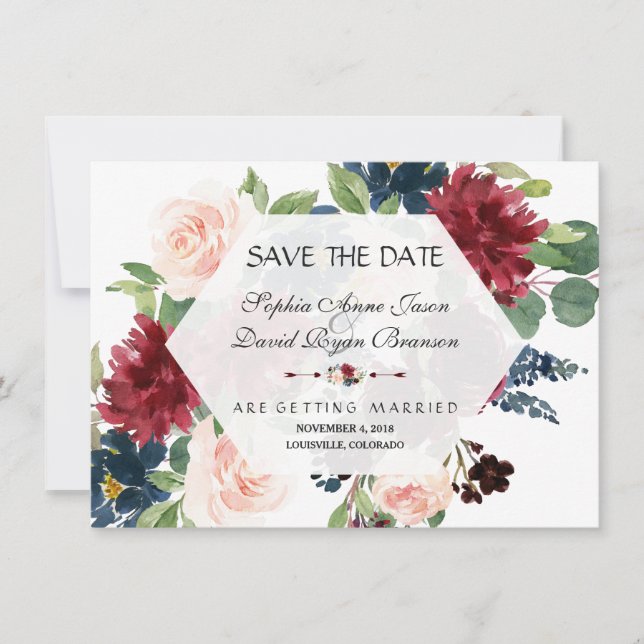 Chic Burgundy Floral Hexagon Frame Save The Date (Front)