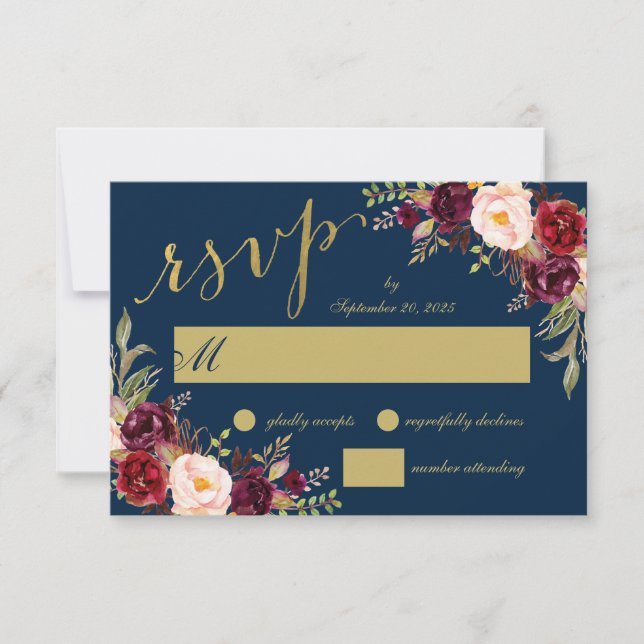 Chic Burgundy Floral Navy Blue Gold Wedding RSVP Invitation (Front)