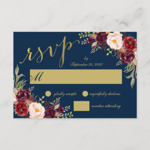Chic Burgundy Floral Navy Blue Gold Wedding RSVP Invitation