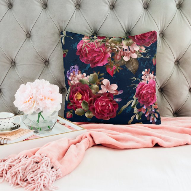 Chic Burgundy Floral On Navy Blue Cushion (Creator Uploaded)
