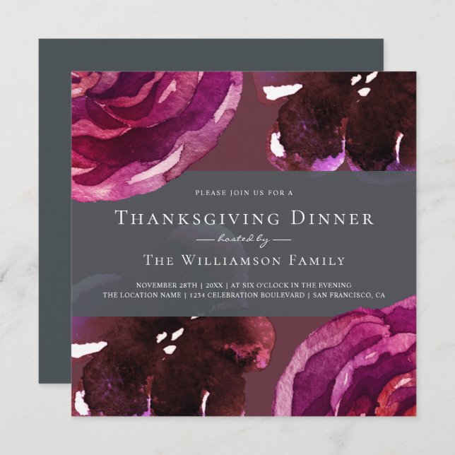 Chic Burgundy Floral Thanksgiving Dinner Invitation (Front/Back)