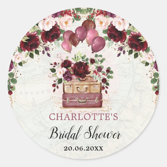 Chic Burgundy Floral Travel Bridal Shower Favours Classic Round Sticker (Front)