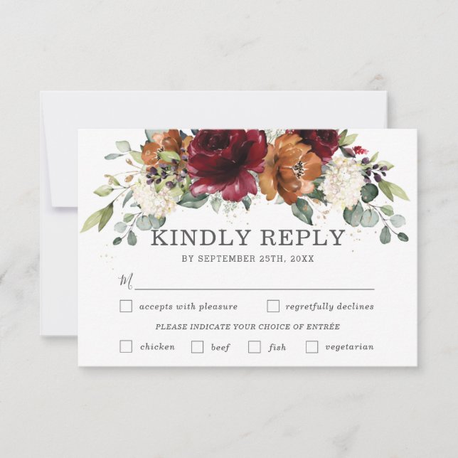 Chic Burgundy Floral Wedding Meal Choice RSVP Card (Front)