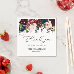 Chic Burgundy Florals Script Thank You Graduation Napkin