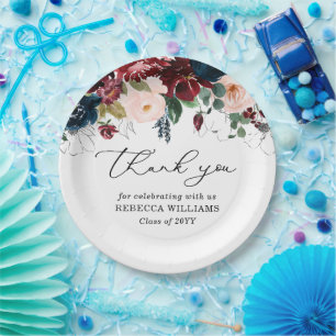 Chic Burgundy Florals Script Thank You Graduation Paper Plate