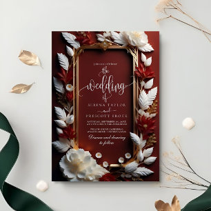Chic Burgundy Florals with Golden Frame Wedding Invitation