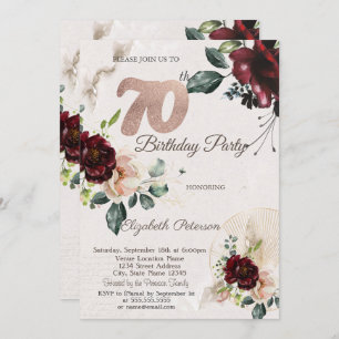 Chic Burgundy Flowers 70th Birthday Invitation