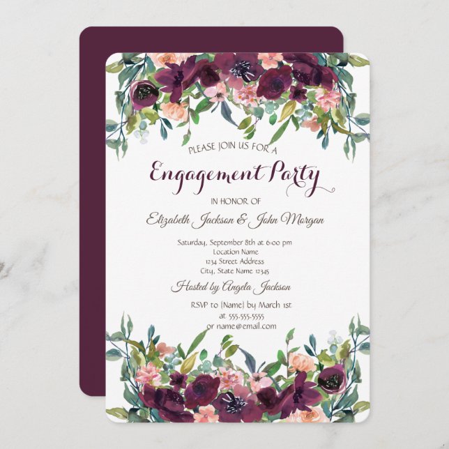 Chic Burgundy Flowers Engagement   Invitation (Front/Back)