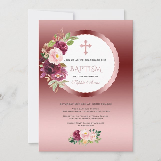Chic Burgundy Flowers Girl 1st Birthday & Baptism Invitation (Front)