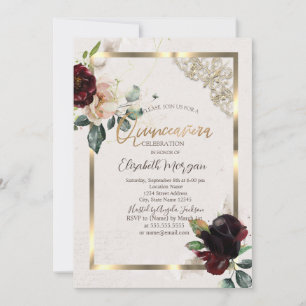 Chic Burgundy Flowers Gold Frame Quinceañera  Invitation