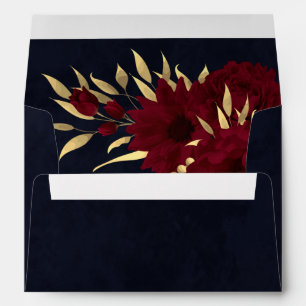 chic burgundy flowers gold leaves botanical navy envelope