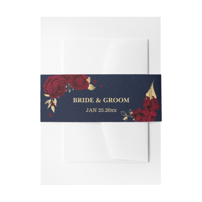 chic burgundy flowers gold leaves navy wedding invitation belly band (Front Example)