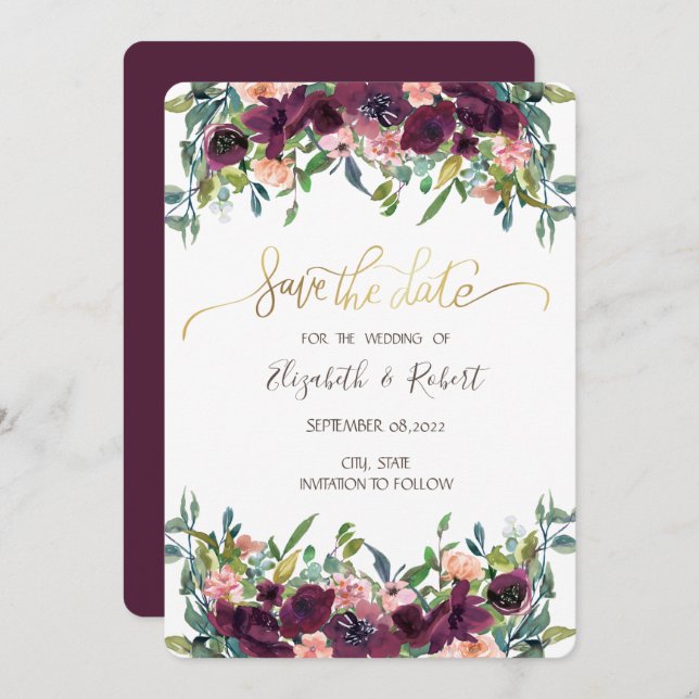 Chic Burgundy Flowers Save The Date (Front/Back)