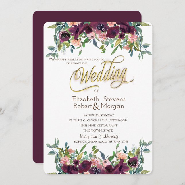 Chic Burgundy Flowers Wedding   Invitation (Front/Back)